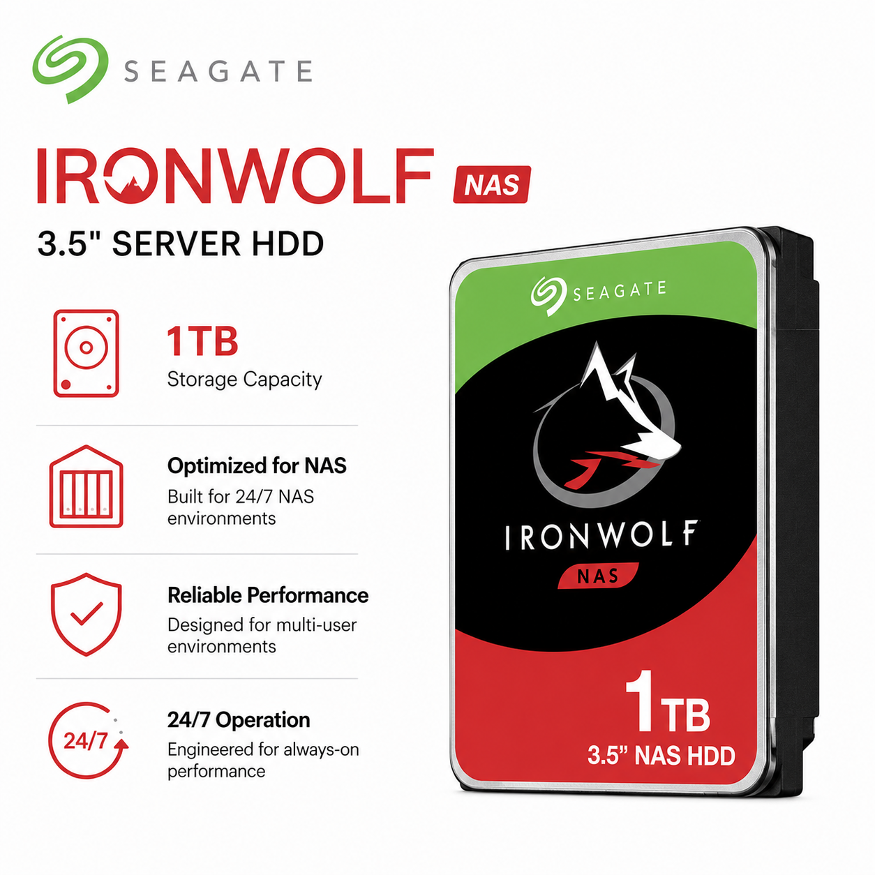 Seagate 1TB IRONWOLF NAS 3.5" SERVER HDD (ST10000VN0008)