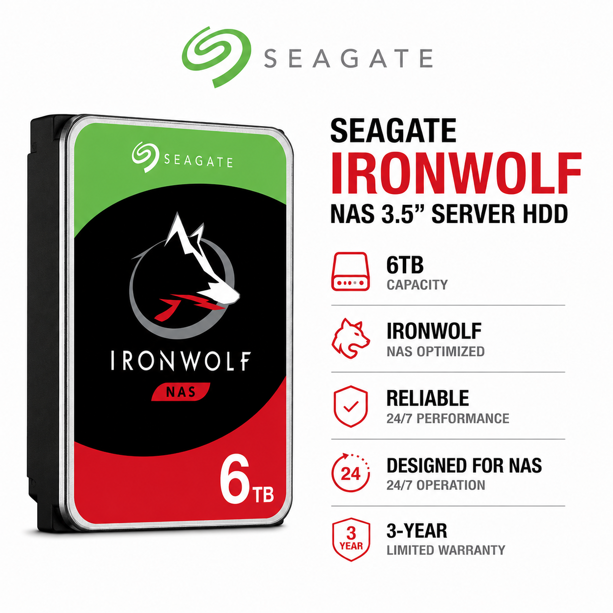 Seagate 6TB IRONWOLF NAS 3.5" SERVER HDD (ST4000VN006)
