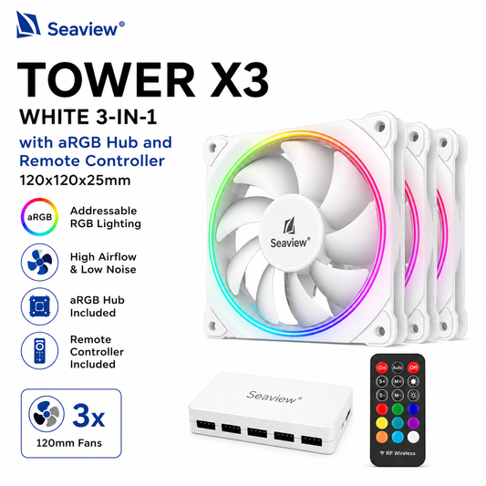 Seaview Tower X3 White 3-in-1 with aRGB Hub and Remote Controller 120x120x25 (SEAVIEW-TOWER-X3-WHITE)