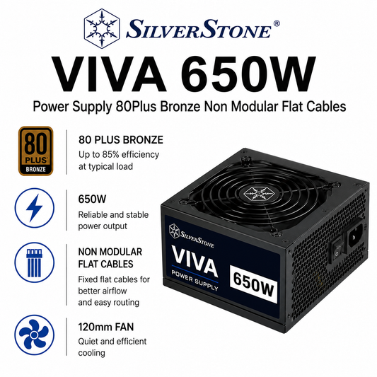 SilverStone Viva 650W Power Supply 80Plus Bronze Non Modular Flat Cables (SST-VA650-B)