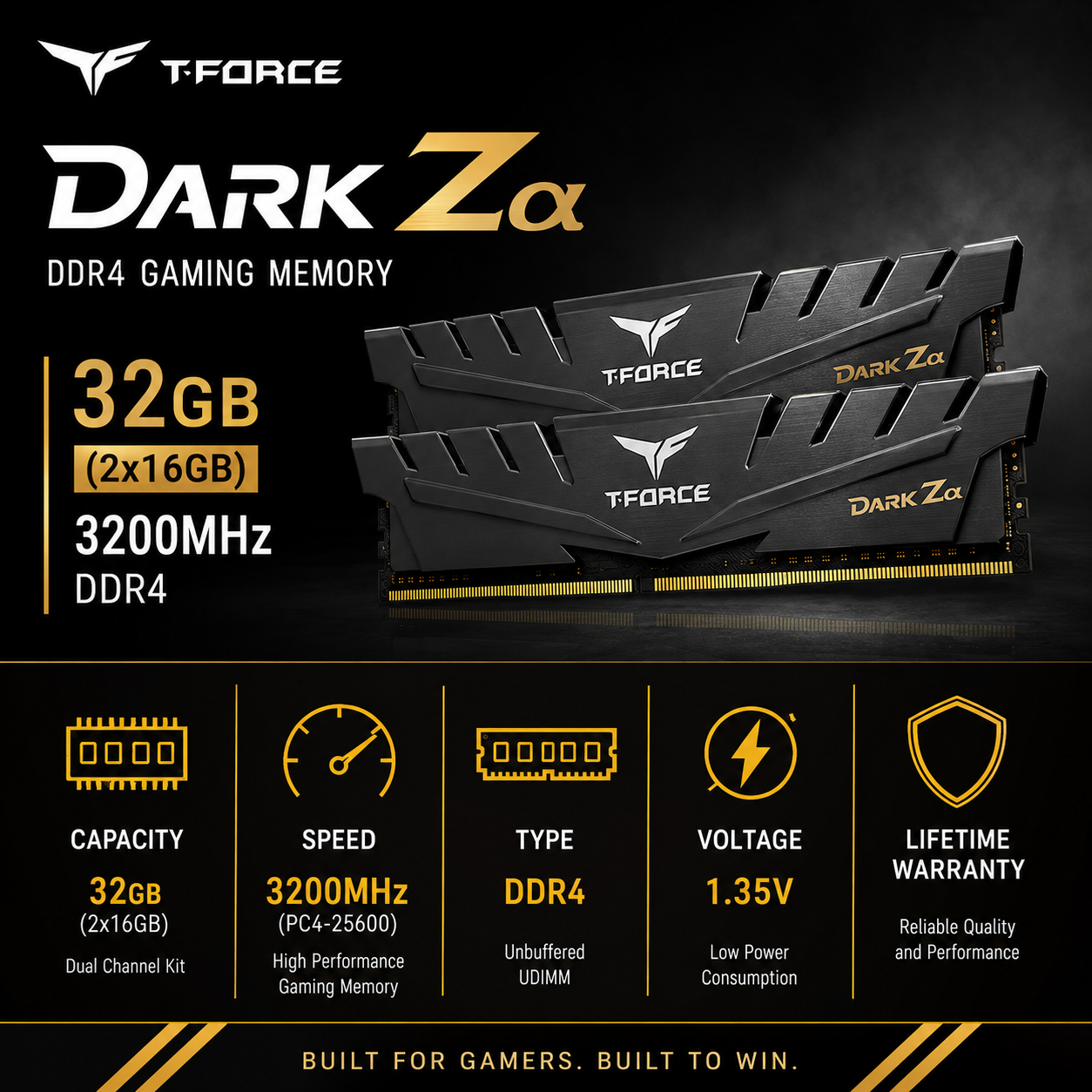 TEAM T-FORCE DARK Zα 32gb (2x16gb) 3200MHz DDR4 GAMING MEMORY (TDZAD432G3600HC18JDC01)
