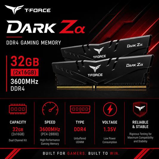 TEAM T-FORCE DARK Zα 32gb (2x16gb) 3600MHz DDR4 GAMING MEMORY (FF7D532G6000HC38ADC01)