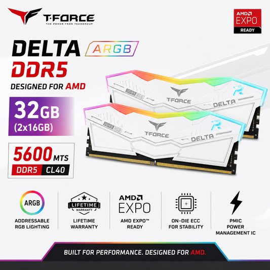 TEAM T-FORCE DELTA ARGB 32G (2x16gb) 5600MTS DDR5 White AMD (FF7D532G6000HC38ADC01)