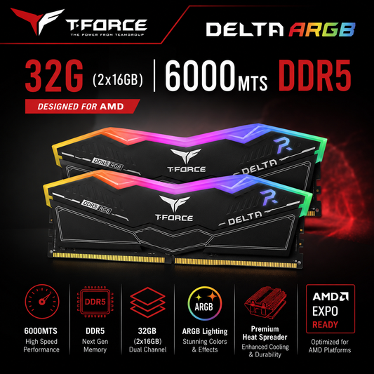 TEAM T-FORCE DELTA ARGB 32G (2x16gb) 6000MTS DDR5 Black AMD (FF3D532G6000HC38ADC01)