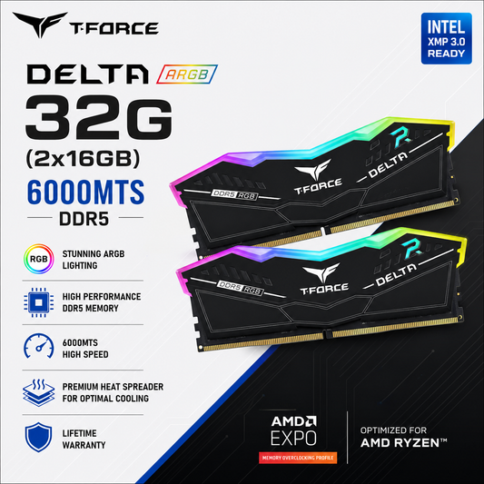 TEAM T-FORCE DELTA ARGB 32G (2x16gb) 6000MTS DDR5 Black INTEL (FF8D532G6000HC38ADC01)