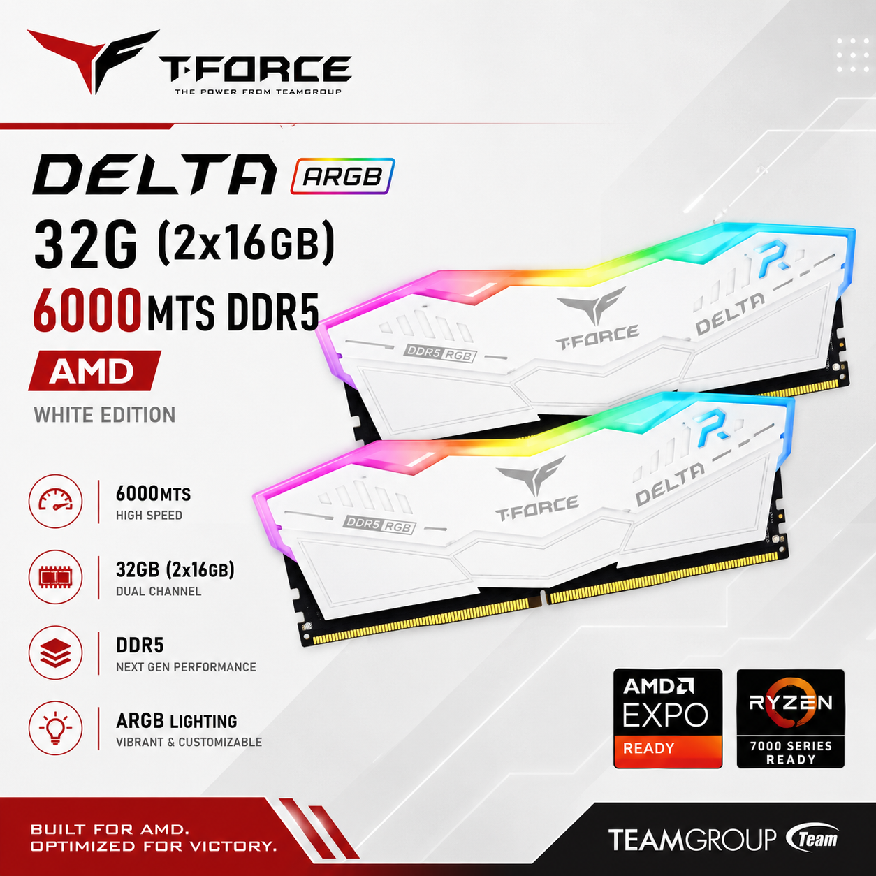TEAM T-FORCE DELTA ARGB 32G (2x16gb) 6000MTS DDR5 White AMD (FF4D532G6000HC38ADC01)