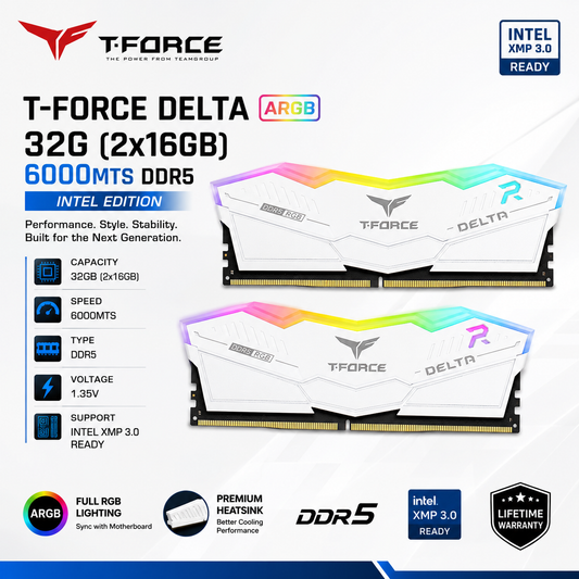 TEAM T-FORCE DELTA ARGB 32G (2x16gb) 6000MTS DDR5 White INTEL (TF3D416G3200HC16F01)