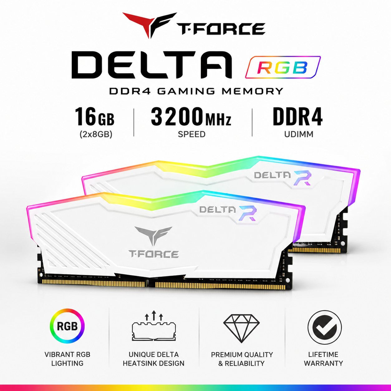 TEAM T-FORCE DELTA RGB 16gb (2x8gb) 3200MHz DDR4 - white (TF3D416G3600HC18JDC01)