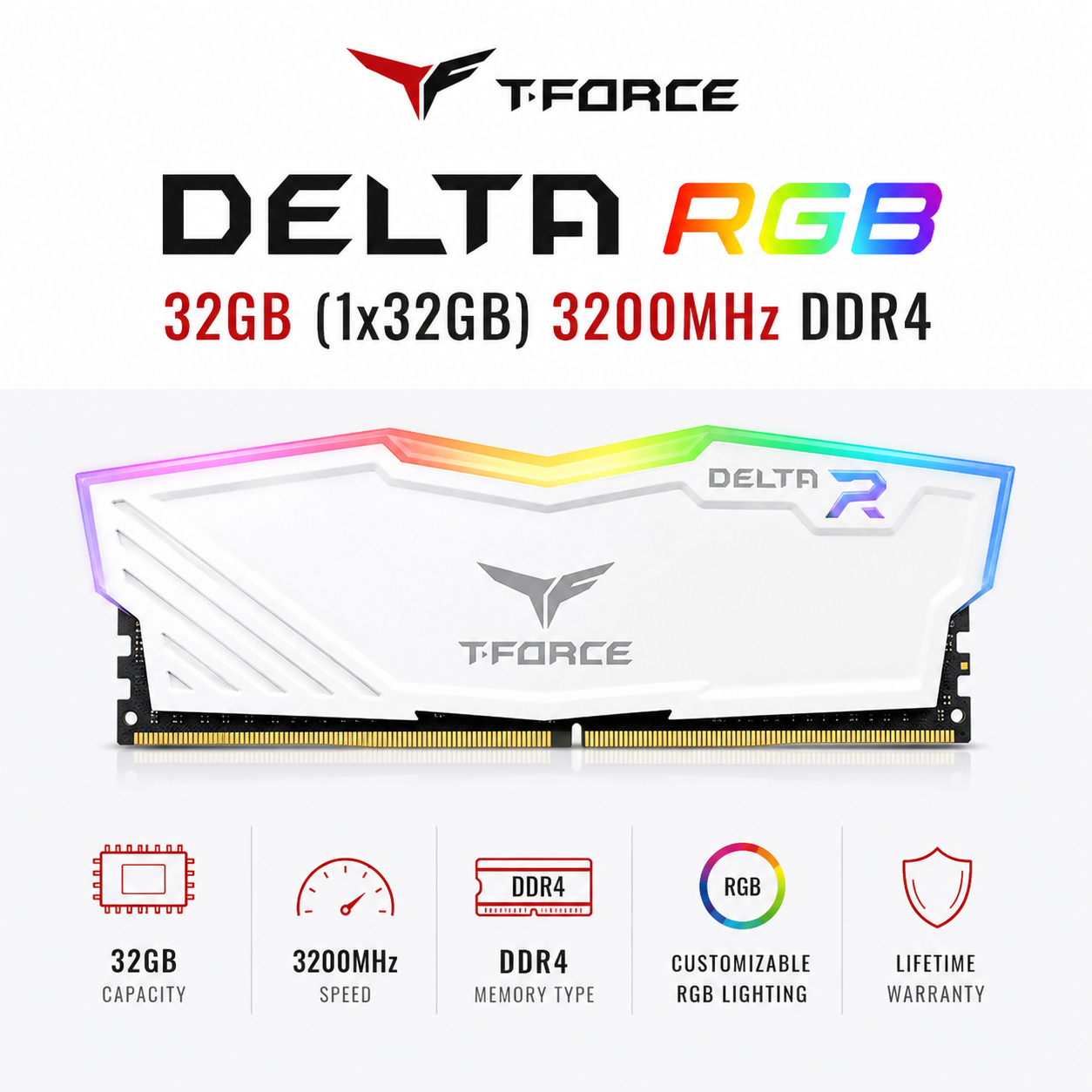 TEAM T-FORCE DELTA RGB 32gb (1x32gb) 3200MHz DDR4 - white (TF3D432G3600HC18J01)