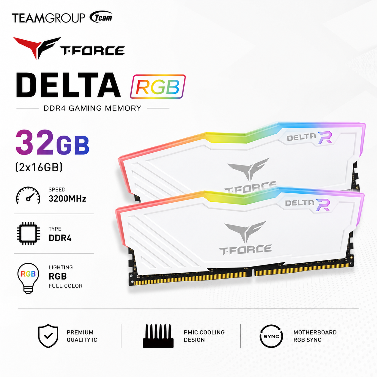 TEAM T-FORCE DELTA RGB 32gb (2x16gb) 3200MHz DDR4 - white (TF3D432G3600HC18JDC01)