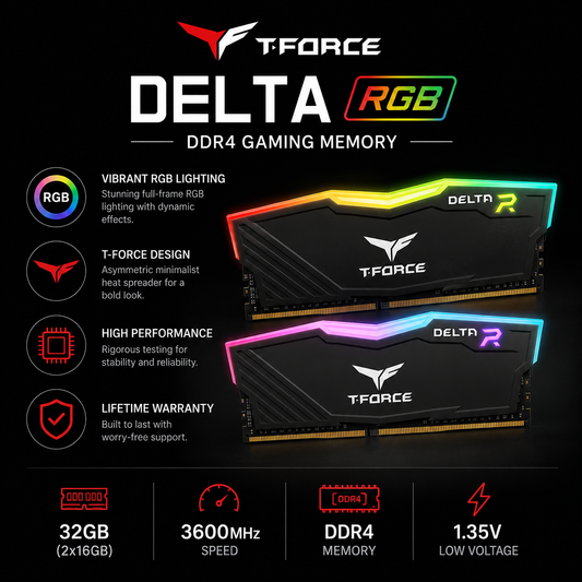 TEAM T-FORCE DELTA RGB 32gb (2x16gb) 3600MHz DDR4 - black (TF4D432G3600HC18JDC01)