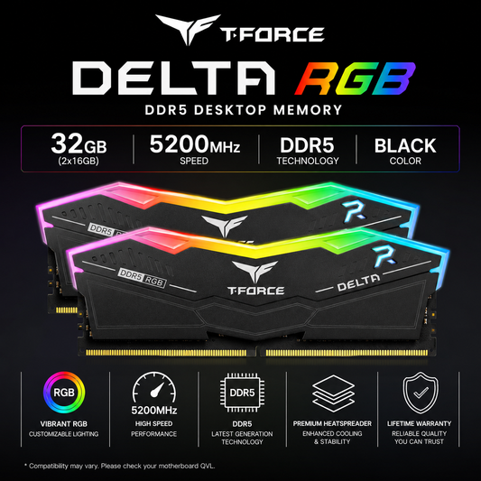 TEAM T-FORCE DELTA RGB 32gb (2x16gb) 5200MHz DDR5 Black (FF4D532G5200HC40CDC01)