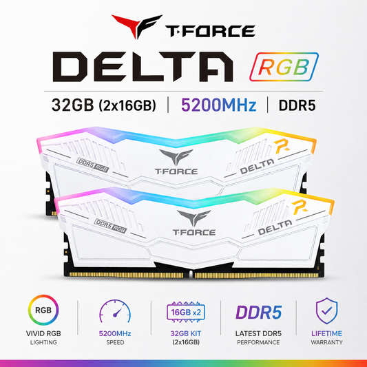 TEAM T-FORCE DELTA RGB 32gb (2x16gb) 5200MHz DDR5 White (TF3D464G3600HC18JDC01)