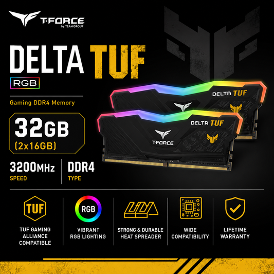 TEAM T-FORCE DELTA TUF RGB 32gb (2x16gb) 3200MHz DDR4 - black (TF9D432G3600HC18JDC01)