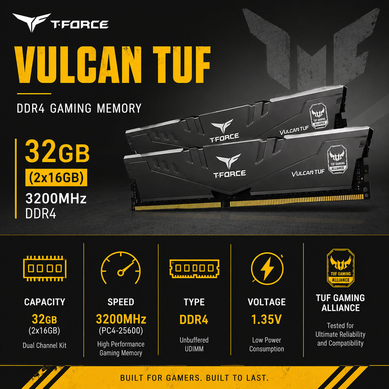 TEAM T-FORCE VULCAN TUF 32gb (2x16gb) 3200MHz DDR4 (TLTYD432G3600HC18JDC01)