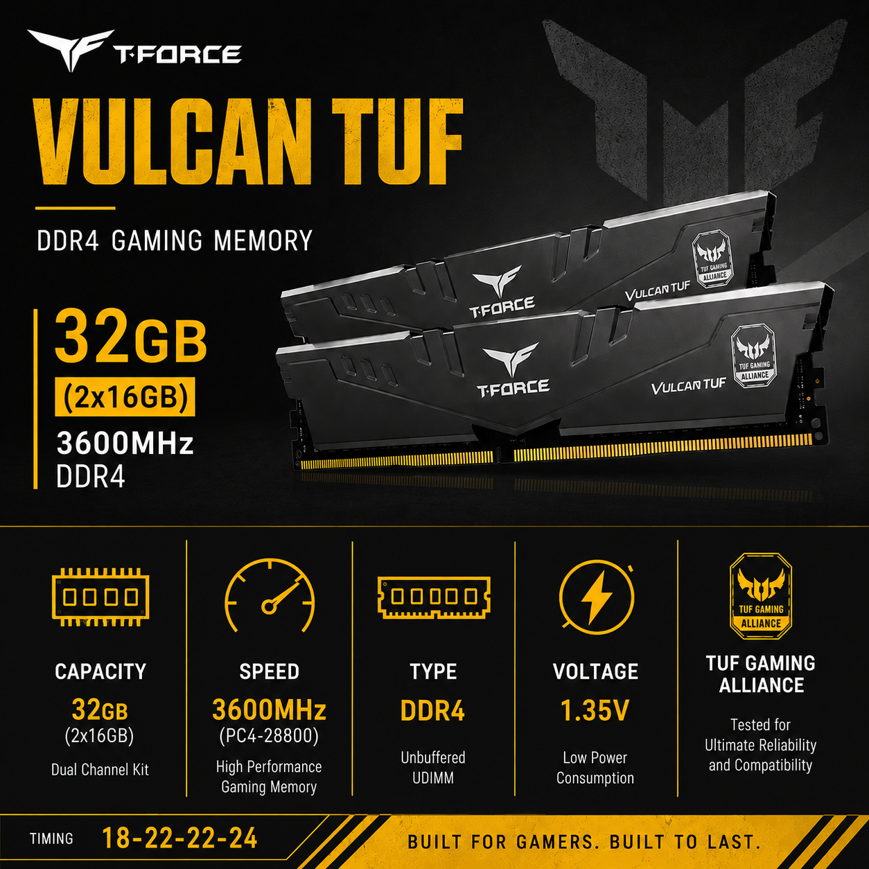 TEAM T-FORCE VULCAN TUF 32gb (2x16gb) 3600MHz DDR4 18-22-22-24 (TLTYD432G3600HC19ADC01)