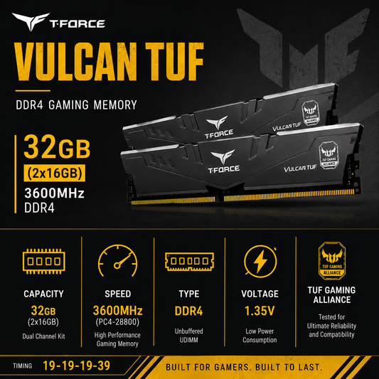 TEAM T-FORCE VULCAN TUF 32gb (2x16gb) 3600MHz DDR4 19-19-19-39 (TLTYD48G3200HC16C01)