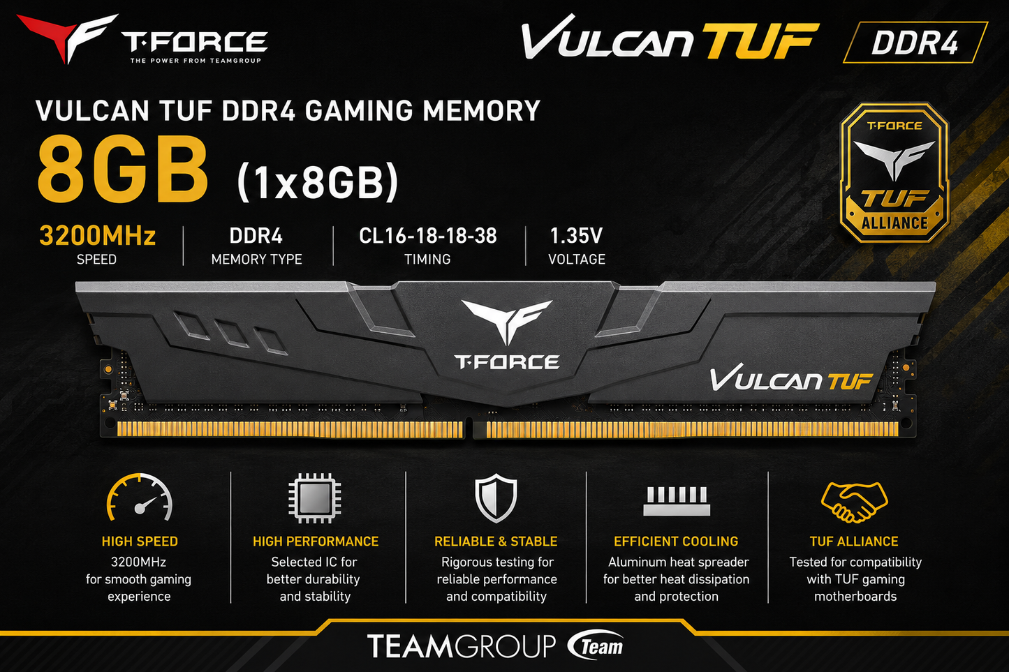 TEAM T-FORCE VULCAN TUF 8gb (1x8gb) 3200MHz DDR4 (TLZGD416G3200HC16F01)