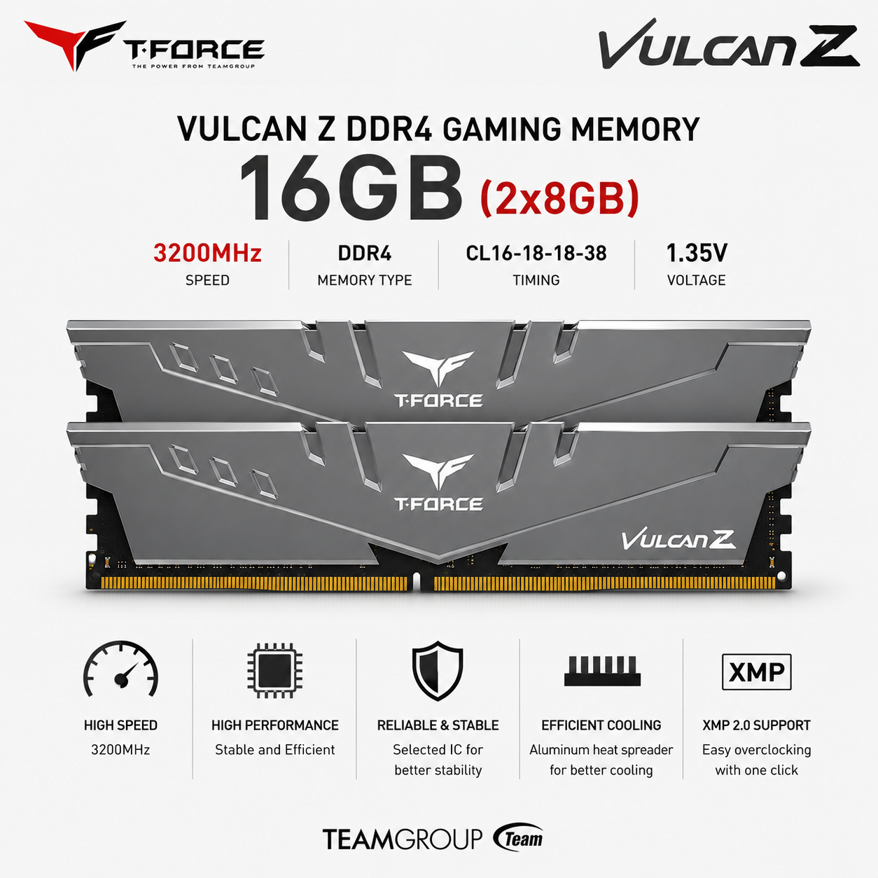 TEAM T-FORCE VULCAN Z 16gb (2x8gb) 3200MHz DDR4 GRAY (TLZRD416G3200HC16CDC01)