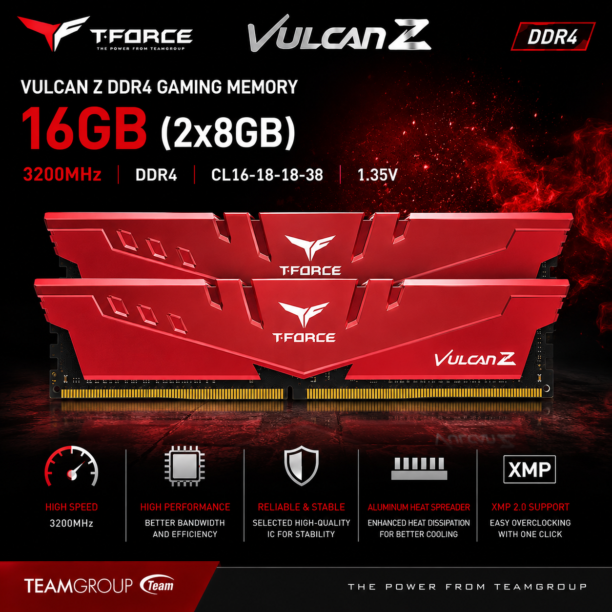 TEAM T-FORCE VULCAN Z 16gb (2x8gb) 3200MHz DDR4 RED (TLZGD48G3200HC16C01)