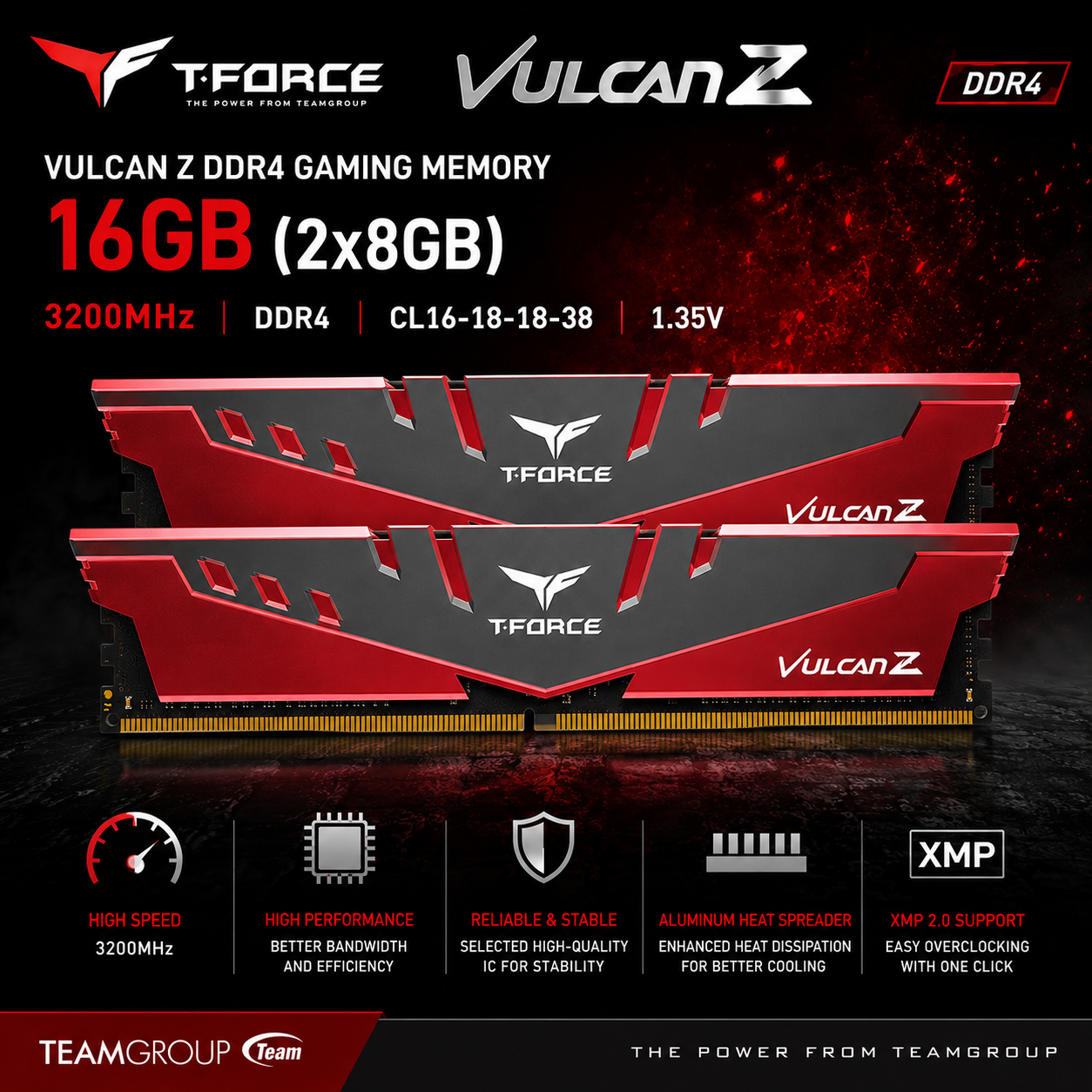 TEAM T-FORCE VULCAN Z 16gb (2x8gb) 3200MHz DDR4 RED/GRAY (TLZGD416G3600HC18JDC01)
