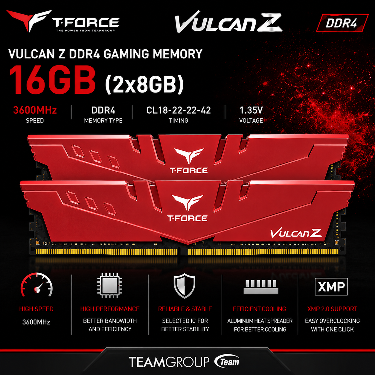 TEAM T-FORCE VULCAN Z 16gb (2x8gb) 3600MHz DDR4 RED (TLZGD432G3200HC16FDC01)
