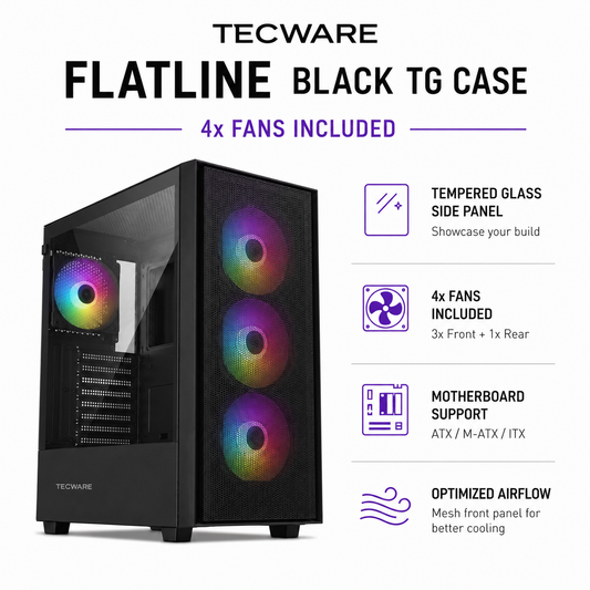 TECWARE Flatline Black TG Case - 4x Fans Included (TWCA-FTLN-WH)