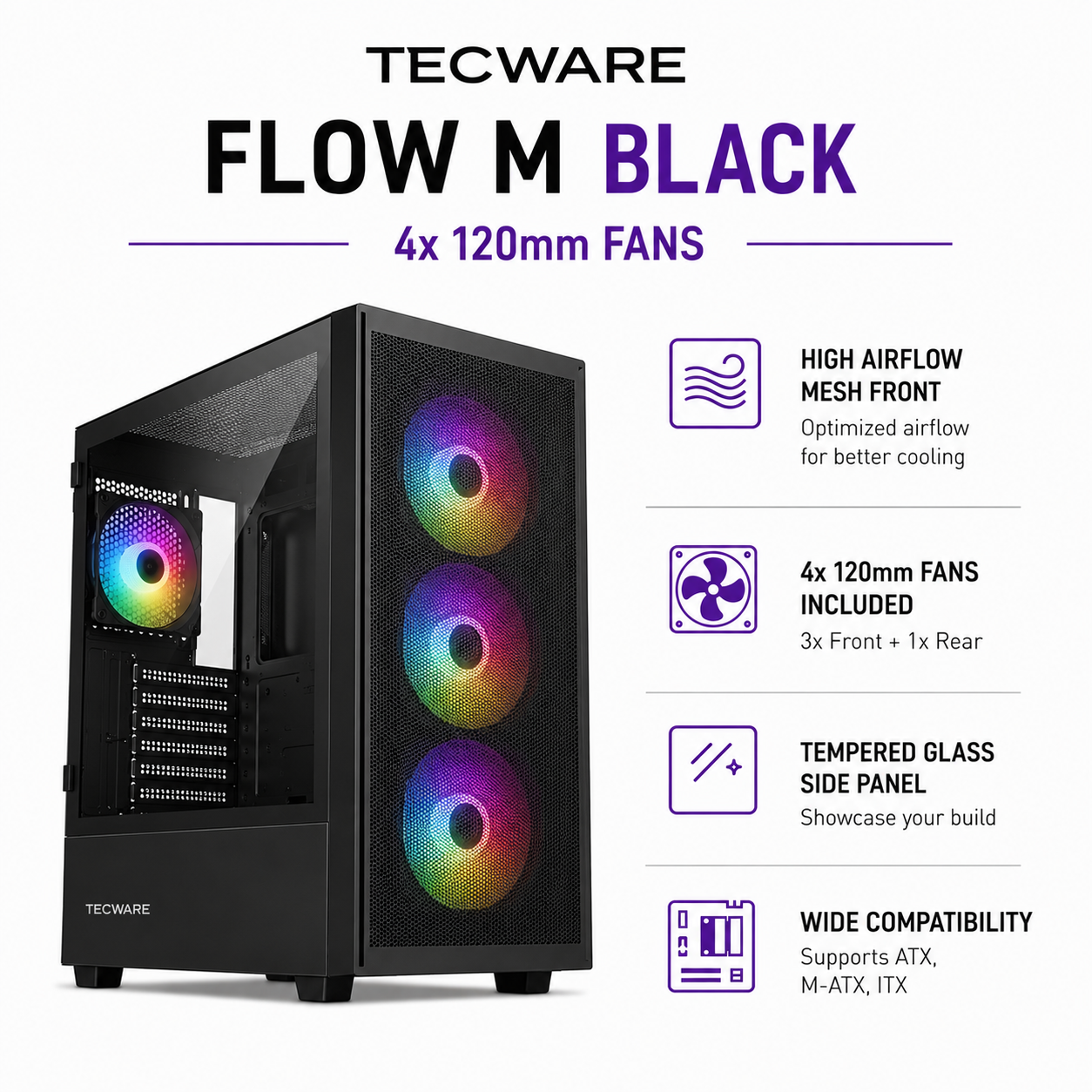 TECWARE Flow M Black - 4x 120mm fans (TWCA-FLOWM-WH)