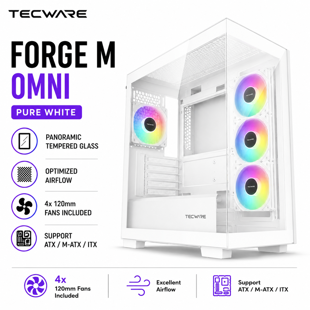 TECWARE Forge M Omni Pure White TG Case - 4 Fans Included (TWCA-FORGE-SO-BK)
