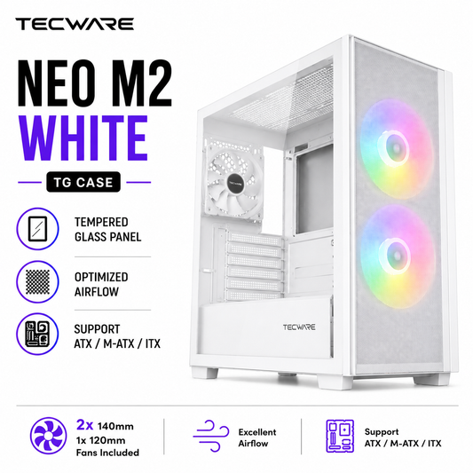 TECWARE Neo M2 White TG Case 2x 140mm / 1x 120mm Fans Included (TWCA-NEO-OMNI-BK)