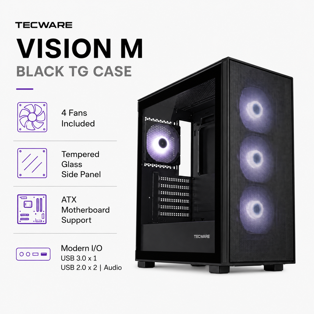 TECWARE Vision M Black TG Case - 4 Fans Included (TWCA-VISION-M-BK)