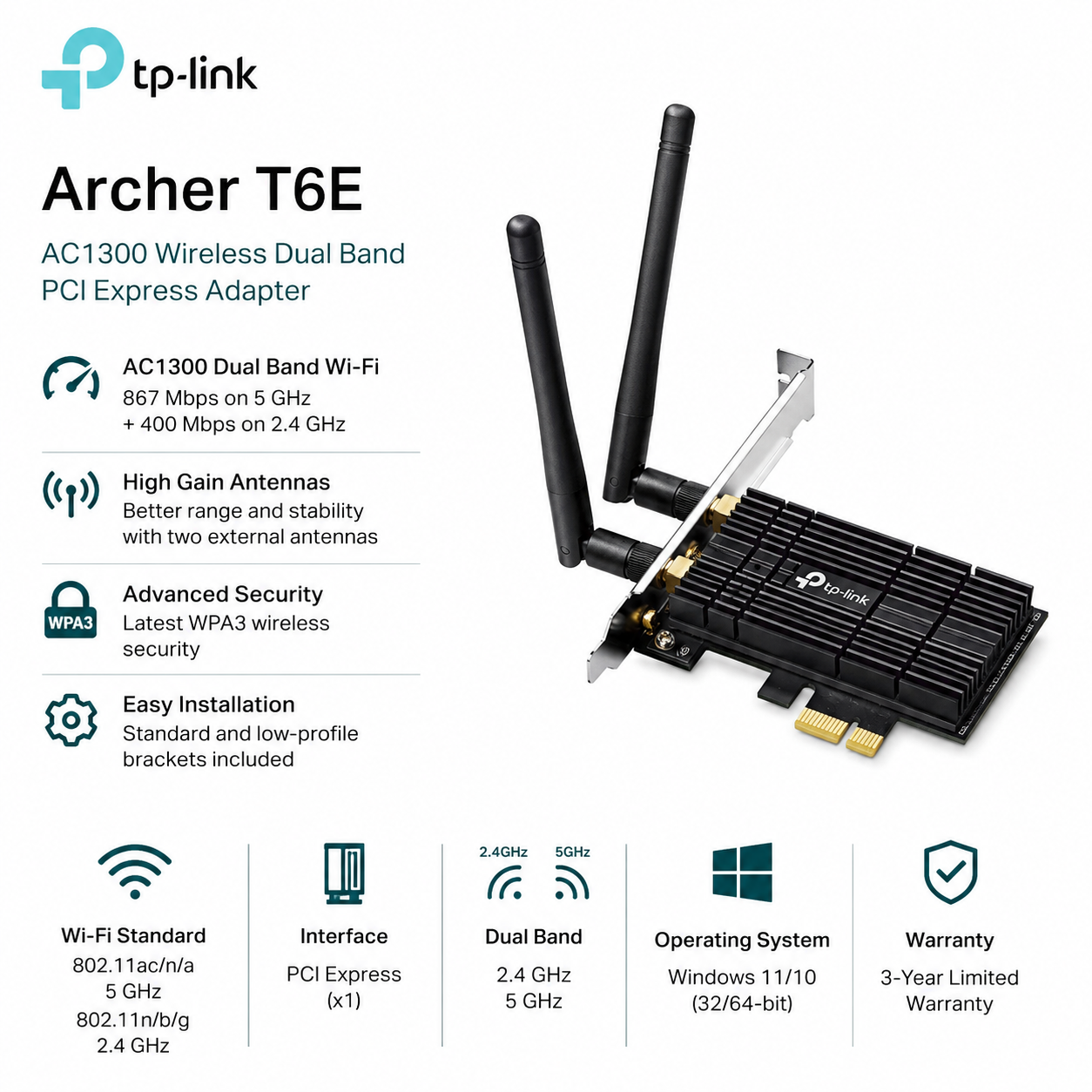 TP-Link Archer T6E AC1300 Wireless Dual Band PCI Express Adapter (ARCHER-T6E)