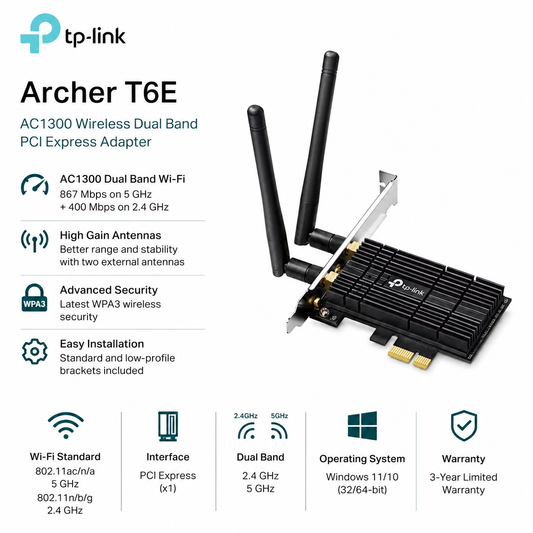TP-Link Archer T6E AC1300 Wireless Dual Band PCI Express Adapter (ARCHER-T6E)