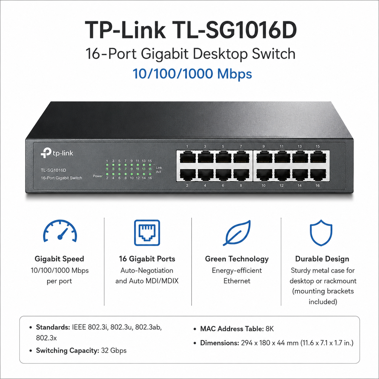 TP-Link TLSG1016D 16-port Switch Hub 10/100/1000 Desktop 13" metal (TL-SG1016D)
