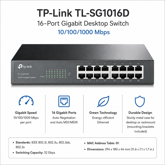 TP-Link TLSG1016D 16-port Switch Hub 10/100/1000 Desktop 13" metal (TL-SG1016D)