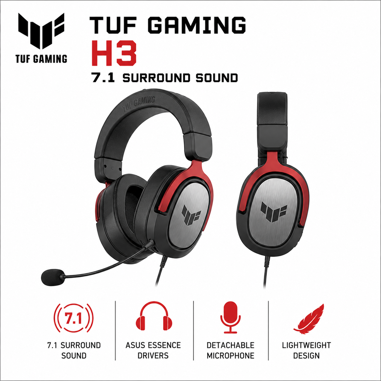 TUF GAMING H3(RED/SILVER/GUNMETAL) - 7.1 Surround Sound (TUF-GAMING-H3)