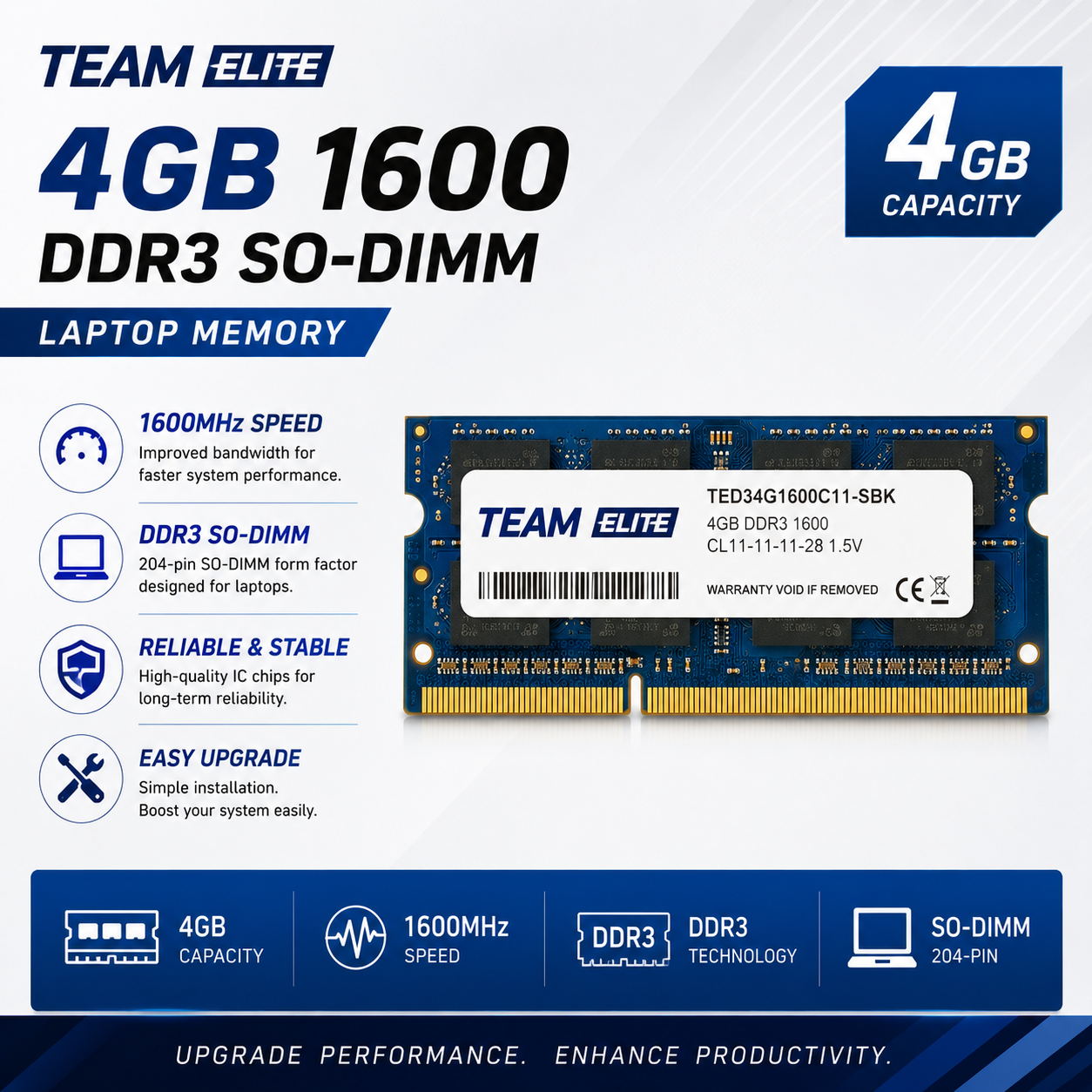 Team Elite 4GB 1600 DDR3 SO-DIMM Laptop Memory (TED44G2400C16-S01)