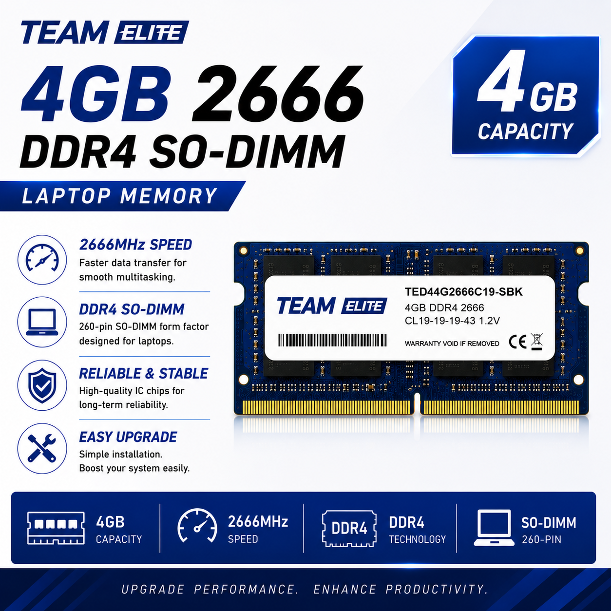 Team Elite 4GB 2666 DDR4 SO-DIMM Laptop Memory (TED3L8G1600C11-S01)