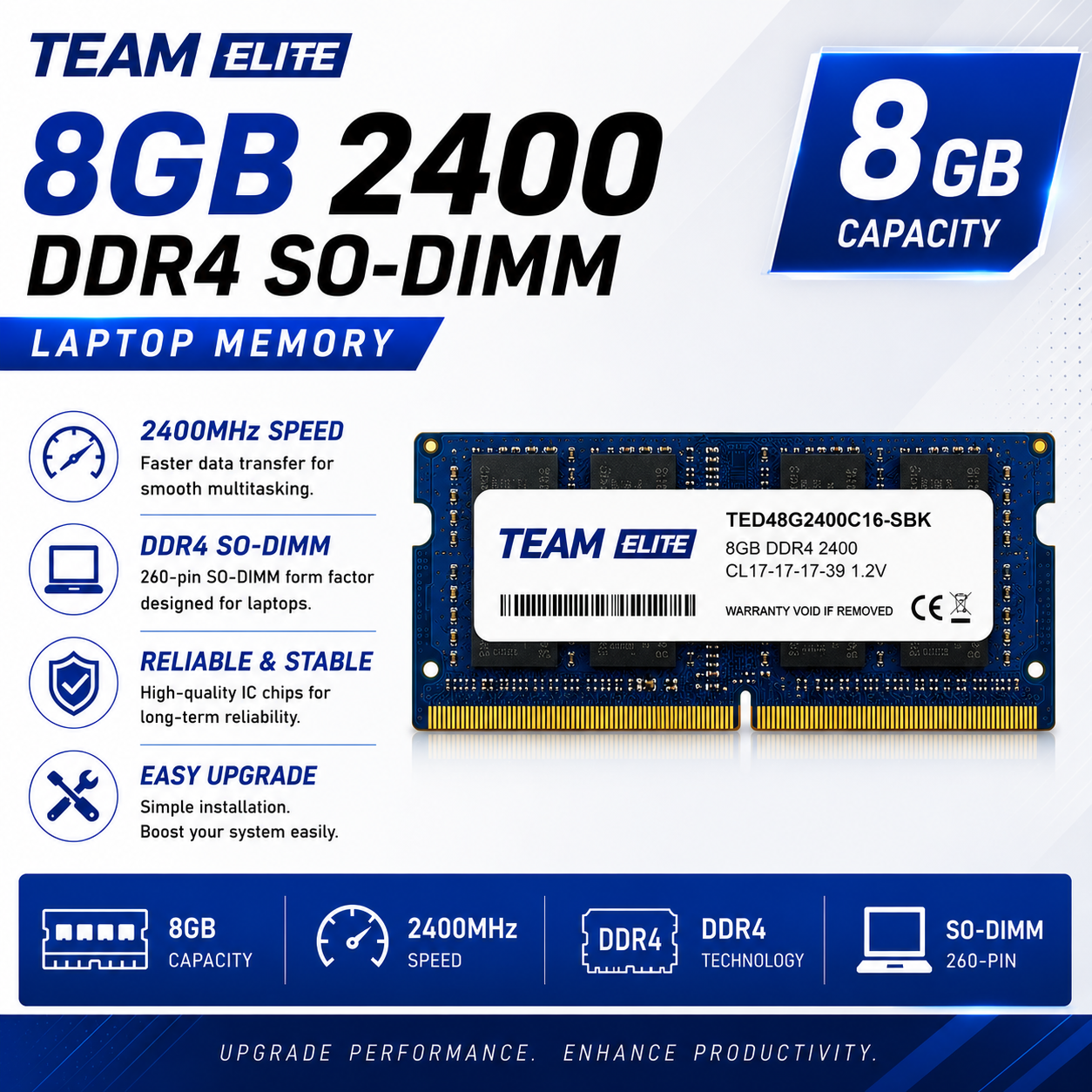Team Elite 8GB 2400 DDR4 SO-DIMM Laptop Memory (TED48G2666C19-S01)
