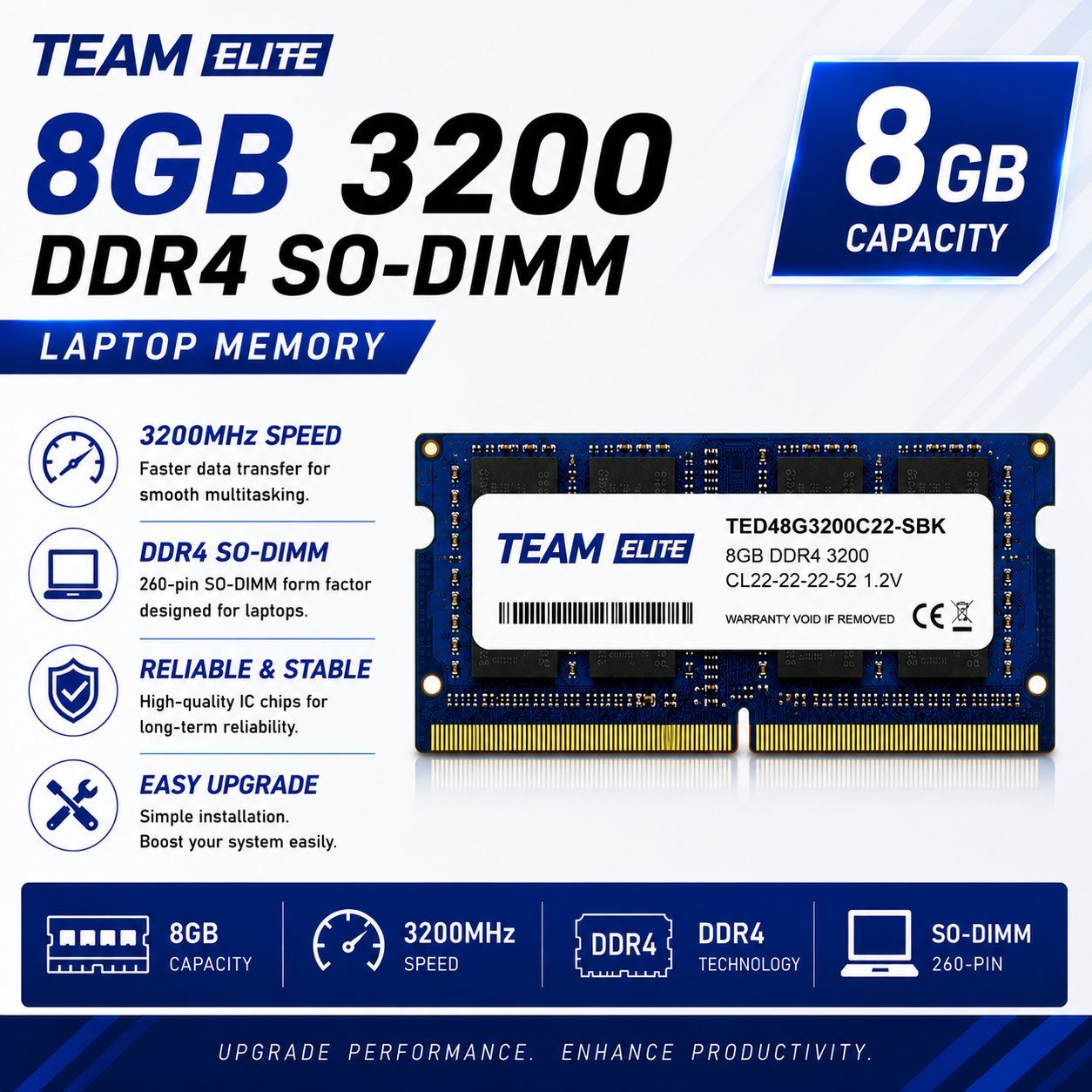Team Elite 8GB 3200 DDR4 SO-DIMM Laptop Memory (TPD416G2400HC1601)