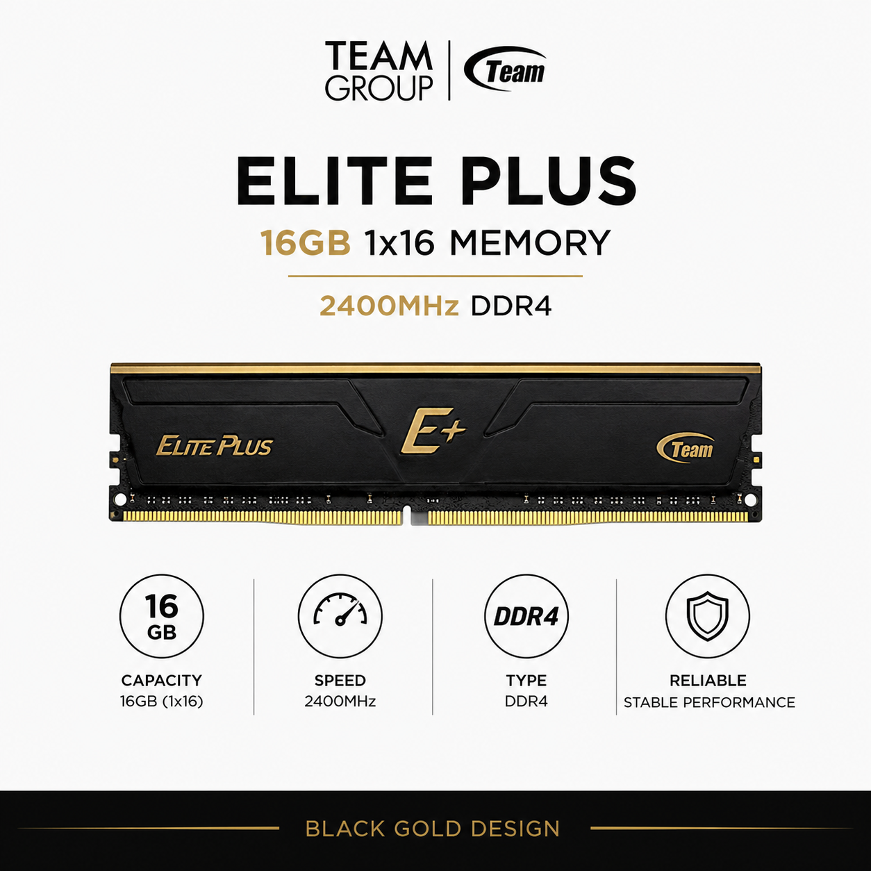 Team Elite Plus 16gb 1x16 Memory 2400mhz Ddr4 Black Gold (TPRD416G2400HC1601)