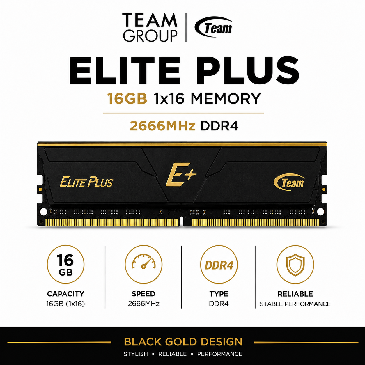 Team Elite Plus 16gb 1x16 Memory 2666mhz Ddr4 Black Gold (TPRD416G2666HC1901)