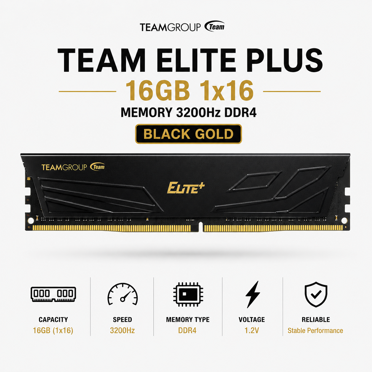 Team Elite Plus 16gb 1x16 Memory 3200hz Ddr4 Black Gold (TPRD416G3200HC2201)