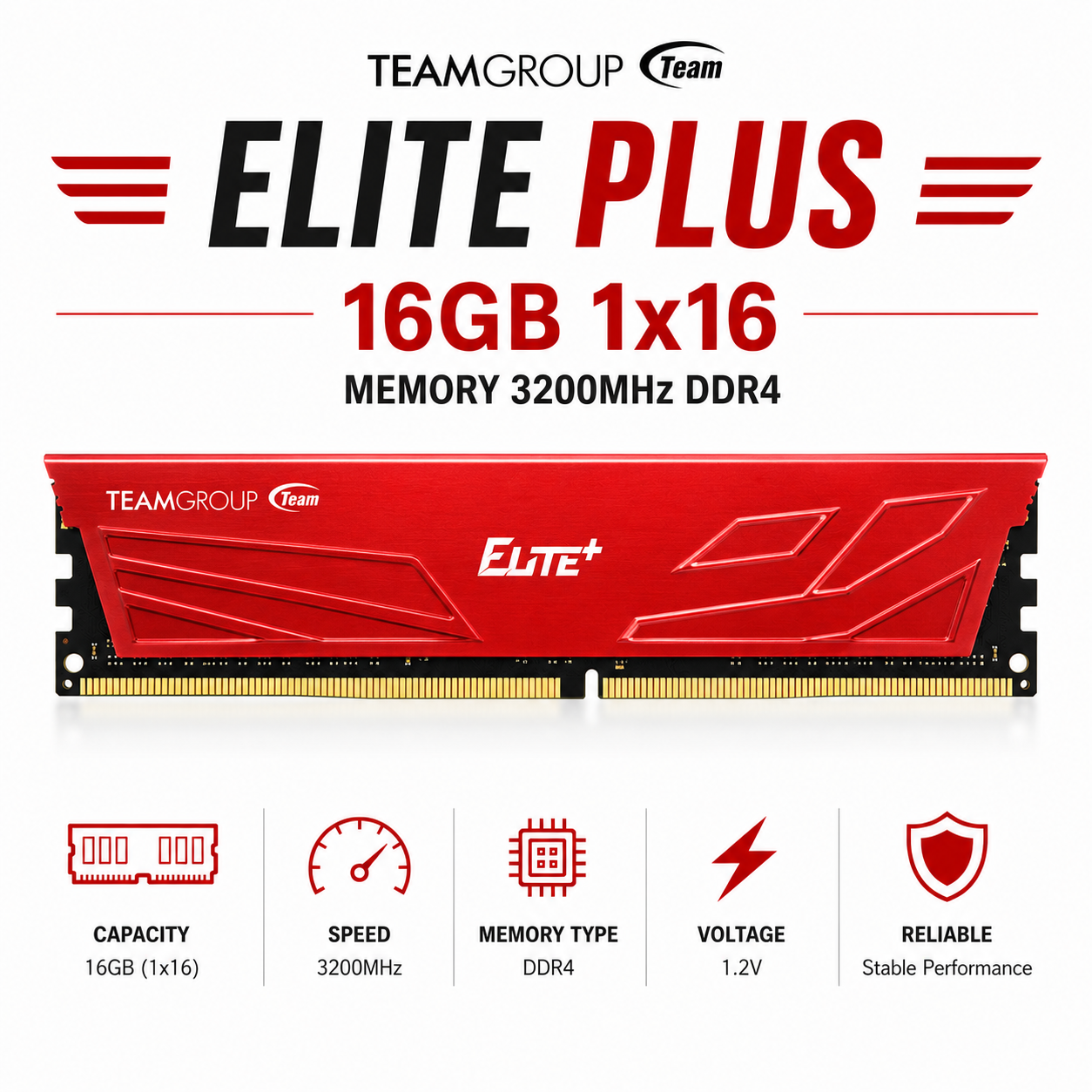 Team Elite Plus 16gb 1x16 Memory 3200mhz Ddr4 Red (TPD432G3200HC2201)