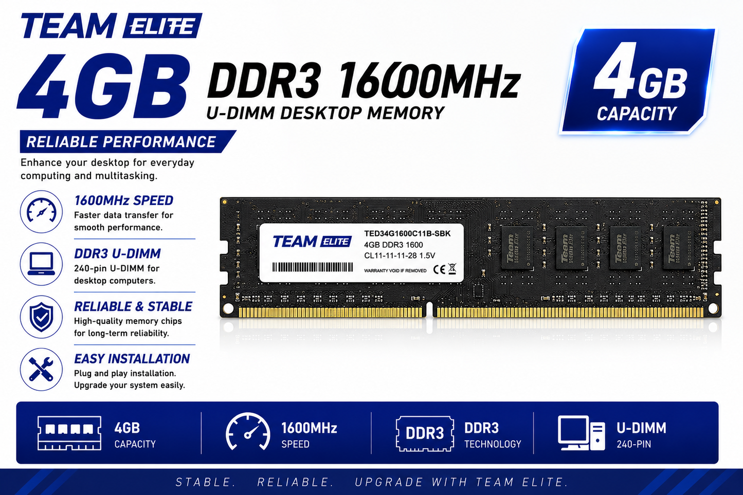 Team Elite U-DIMM 4GB DDR3 1600Mhz Desktop Memory black (TPRD34G1600HC1101)