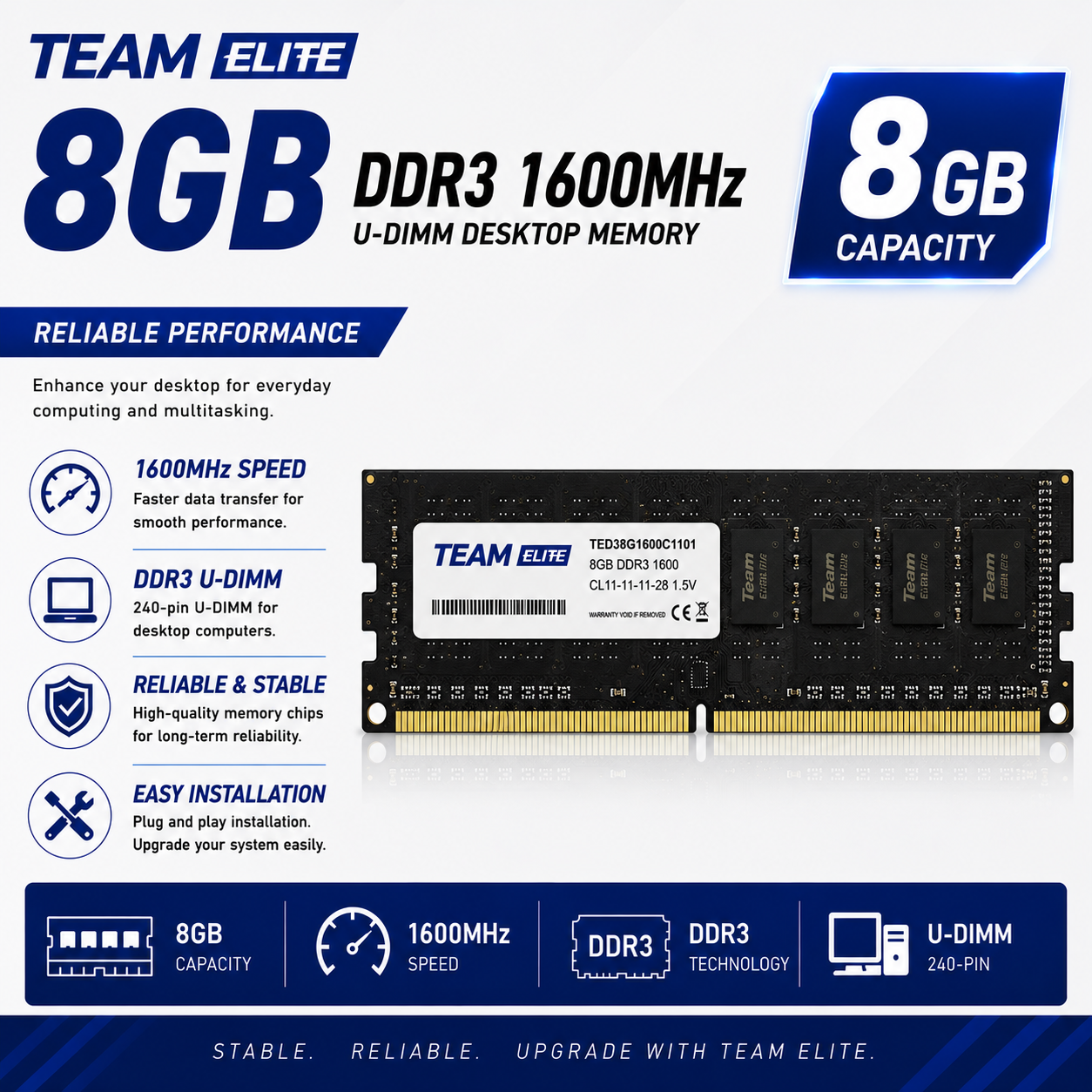 Team Elite U-DIMM 8GB DDR3 1600Mhz Desktop Memory black (TPRD38G1600HC1101)