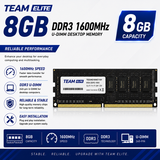 Team Elite U-DIMM 8GB DDR3 1600Mhz Desktop Memory black (TPRD38G1600HC1101)