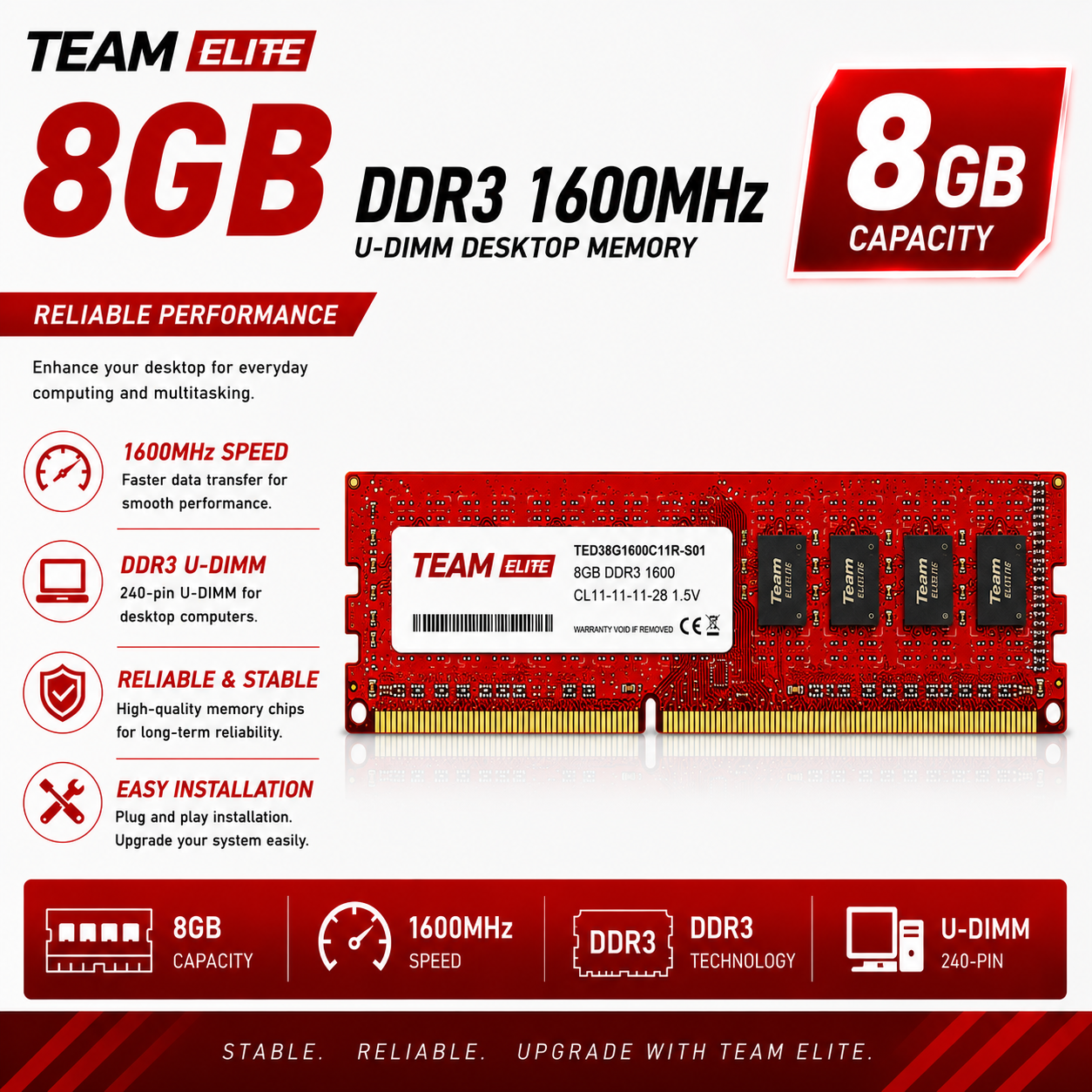 Team Elite U-DIMM 8GB DDR3 1600Mhz Desktop Memory red (TEAM-16G-FLASH-DRIVE)