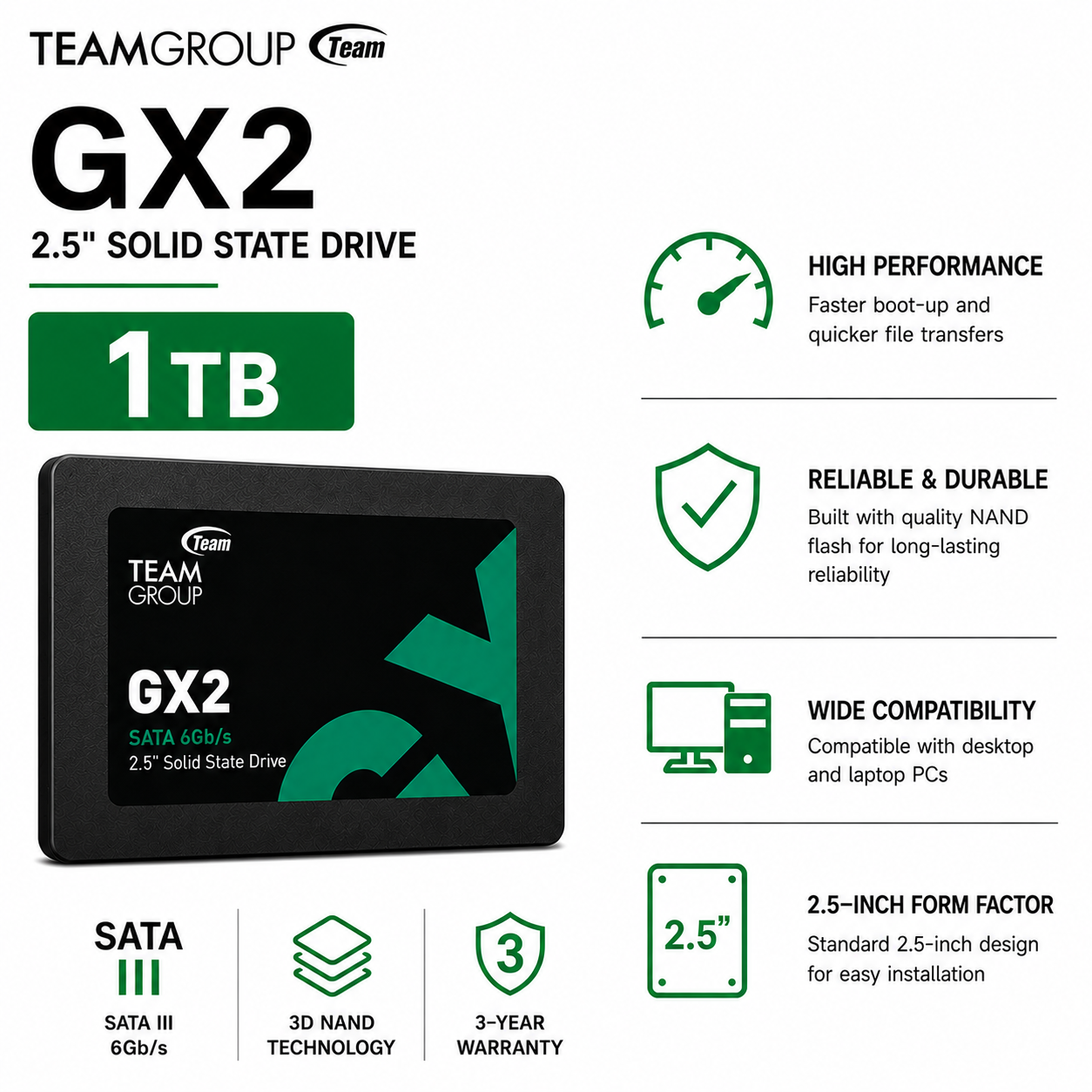 Team Group GX2 1TB Sata III 2.5 Solid State Drive (T253X2256G0C101)