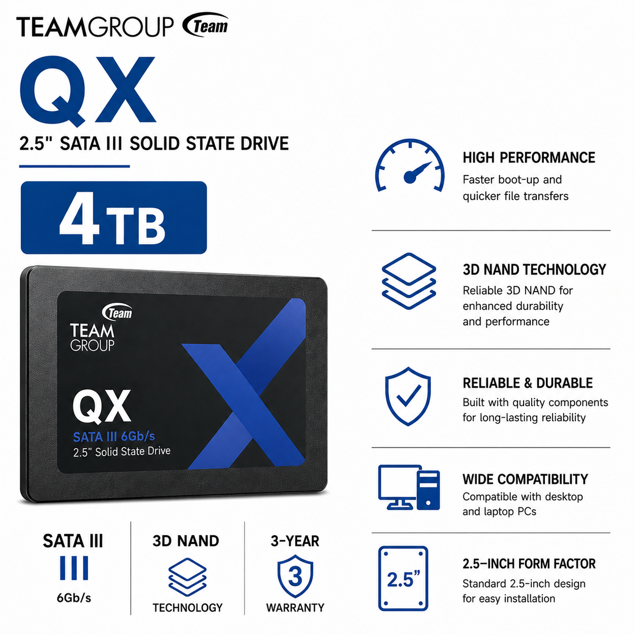 Team Group QX 4TB SATA III 2.5 3D NAND Internal Solid State Drive (SSD) (TM8FPL001T0C127)
